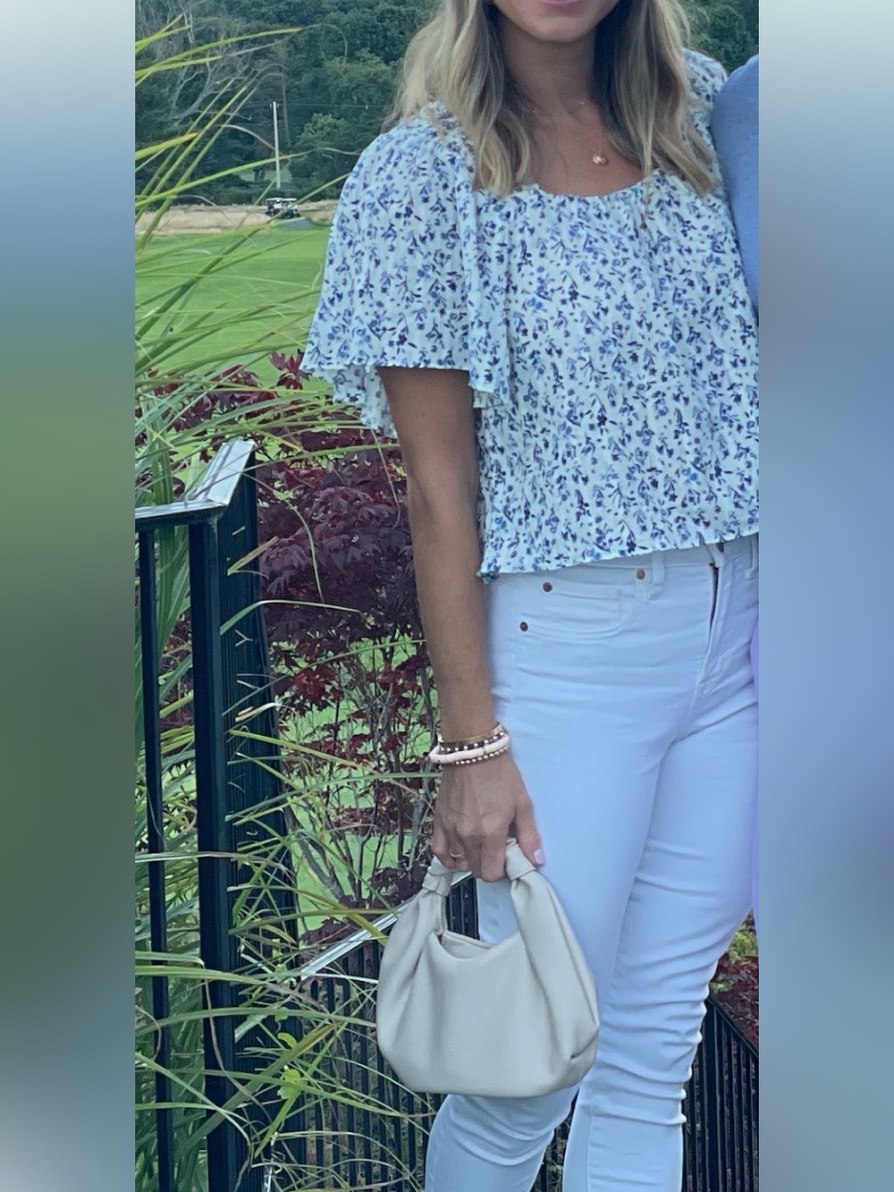 Aqua White and Blue Floral Square-Neck Puff Sleeve Top - Picture 4 of 4
